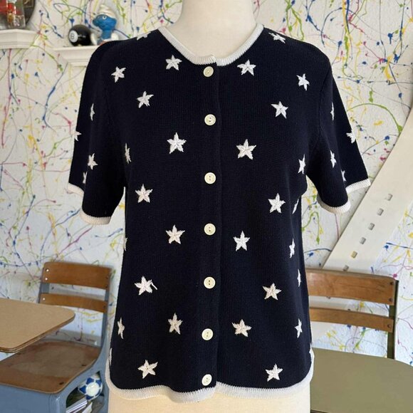 3 for $50💚Dark Navy White Stars Patriotic Hand Embroidered Short Sleeve Sweater - Picture 1 of 5